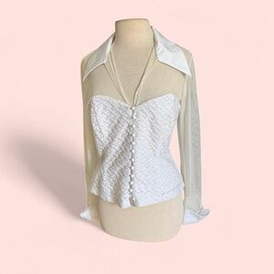 Y2k Vintage Connected White Sheer Button up Mid Sleeve Textured Blouse